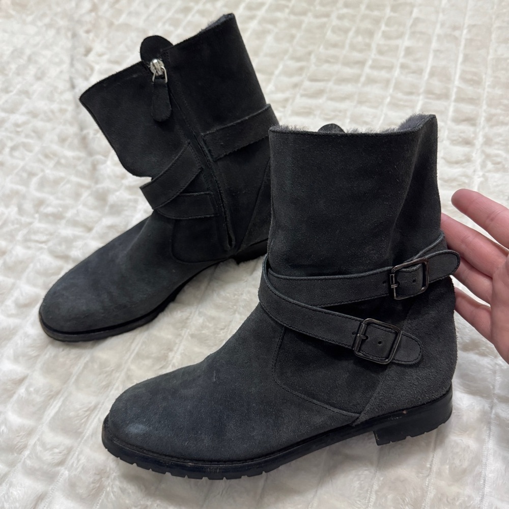 Manolo Blahnik 38 Gray Suede Leather Moto Biker Boots Booties Lined US 8